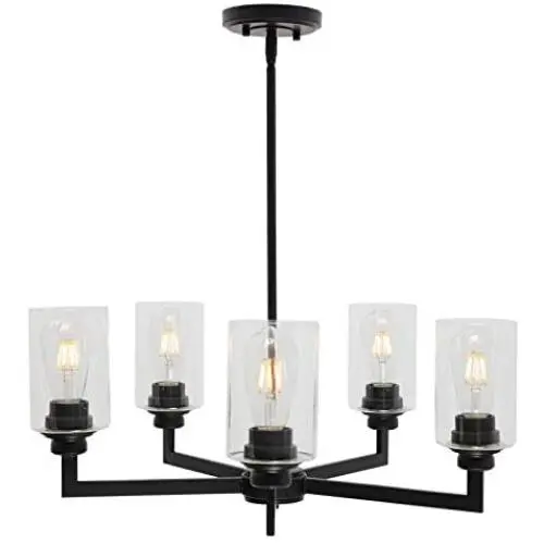 VINLUZ Farmhouse Chandeliers Black 5 Light Dining Room Lighting Fixtures Hanging Modern Industrial Pendant Lighting with Clear Glass Shade for Living Room Kitchen Island Bedrooms
