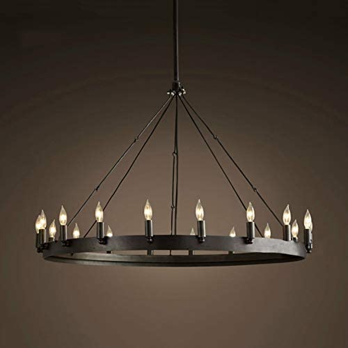 LITFAD Industrial Antique Style Round Chandelier Light 18 Lights Metal Pendant Lighting Retro Ceiling Hanging Light in Black for Restaurant Dining Room Living Room