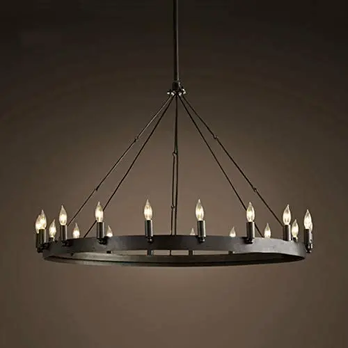 LITFAD Industrial Antique Style Round Chandelier Light 18 Lights Metal Pendant Lighting Retro Ceiling Hanging Light in Black for Restaurant Dining Room Living Room