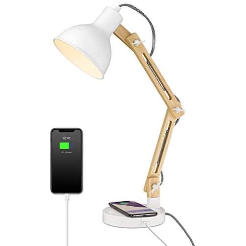 ELYONA Adjustable Wood Desk Lamp with Wireless Charging & USB Ports, White Bedside Nightstand Table Lamp, Swing Arm Reading Light for Office, College Dorm, Living Room, Bedroom, Farmhouse