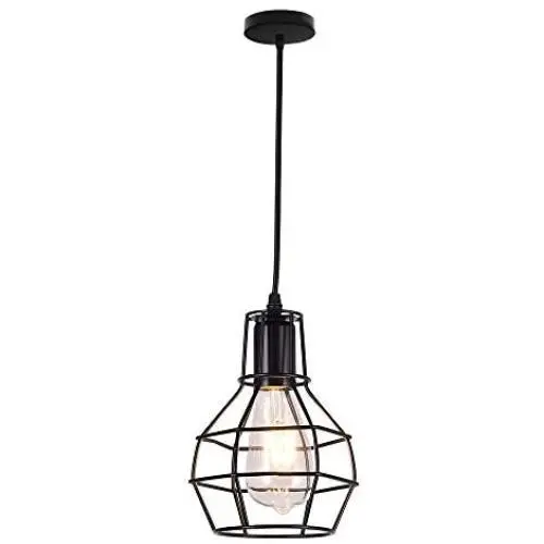 Qamra Iron Art Pendant Lighting, Vintage Industrial Farmhouse Geometry Cage Hanging Ceiling Light Fixtures for Kitchen Island Dining Room Living Room Hallway Bedroom Entryway (Black)