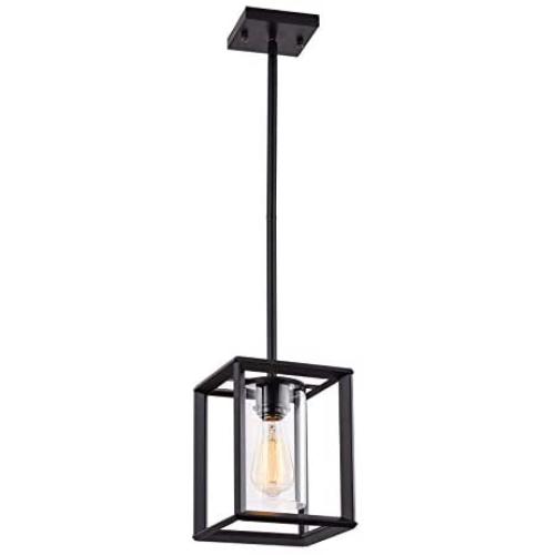 Garwarm 1 Light Rustic Pendant Lighting for Dining Room Farmhouse Kitchen Island Chandelier Modern Cage Hanging Fixtures with Glass Shade Black