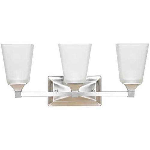 3 Lights Wall Sconce Light, 19-1/2’’ Bathroom Vanity Light Fixtures with White Glass Shape, Wall Lamps Reading Light for Bedroom, Living Room, Brushed Nickel