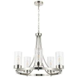 CO-Z 5 Light Chandelier Brushed Nickel, Modern Dining Room Light Fixture Hanging with Clear Glass Shade, Wagon Wheel Chandelier with Adjustable Chain for Living Room Bedroom Kitchen