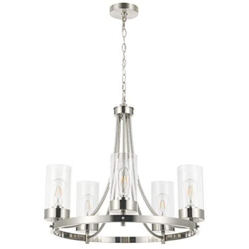 CO-Z 5 Light Chandelier Brushed Nickel, Modern Dining Room Light Fixture Hanging with Clear Glass Shade, Wagon Wheel Chandelier with Adjustable Chain for Living Room Bedroom Kitchen