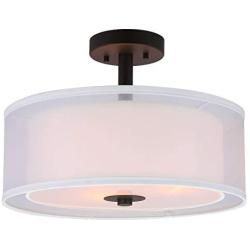 XiNBEi Lighting Semi Flush Mount Ceiling Light, 3 Light Drum Semi Flush Light, 16'' Close to Ceiling Light with Fabric Shade in Dark Bronze for Living Room & Bedroom XB-SF1194-DB