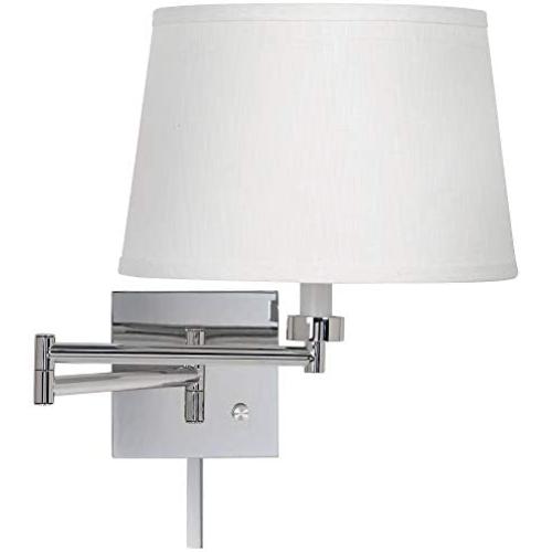 Modern Swing Arm Wall Lamp with Cord Cover Chrome Plug-in Light Fixture White Linen Drum Shade for Bedroom Bedside Living Room Reading - Possini Euro Design Modern Swing Arm Wall Lamp with Cord Cover Chrome Plug-in Light Fixture White Linen Drum Shade for Bedroom Bedside Living Room Reading - Possini Euro Design