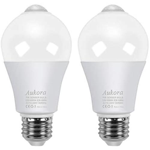 Motion Sensor Light Bulbs, Aukora 12W (100-Watt Equivalent) E26 Motion Activated Dusk to Dawn Security Light Bulb Outdoor/Indoor for Front Door Porch Garage Basement Hallway Closet(Cold White 2 Pack)