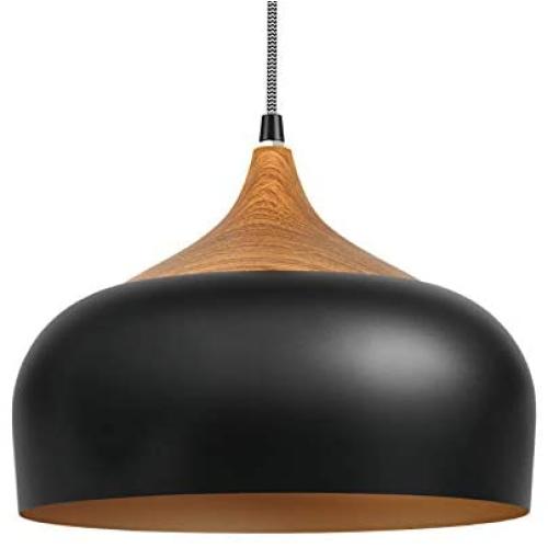 Tomons Pendant Light Modern Lantern Lighting with LED Bulb, Wood Pattern Dome Minimalist Industrial Ceiling Hanging Lamp for Kitchen Island, Barn, Dining Room, Living Room, Bedroom - Black