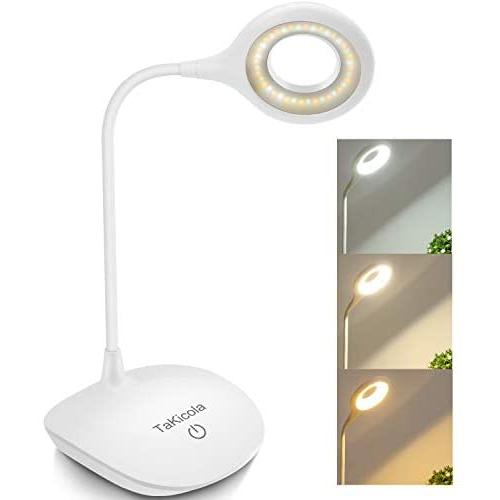 TaKicola LED Desk Lamp Rechargeable Table Lamp, 3 Color Brightness Modes, Touch Control, Flexible Cordless Desk Light with USB Charging Port, White