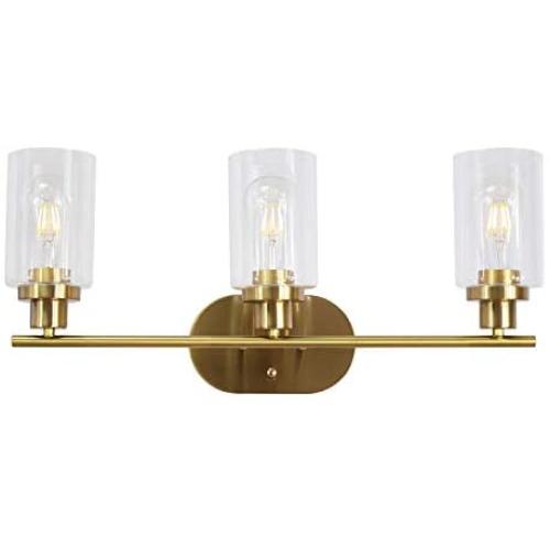 VINLUZ 3 Light Interior Wall Sconce Brushed Brass Contemporary Elegant Bathroom Lighting Fixture Over Mirror with Clear Glass for Kitchen Bedroom Bathroom