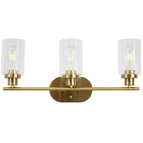 VINLUZ 3 Light Interior Wall Sconce Brushed Brass Contemporary Elegant Bathroom Lighting Fixture Over Mirror with Clear Glass for Kitchen Bedroom Bathroom