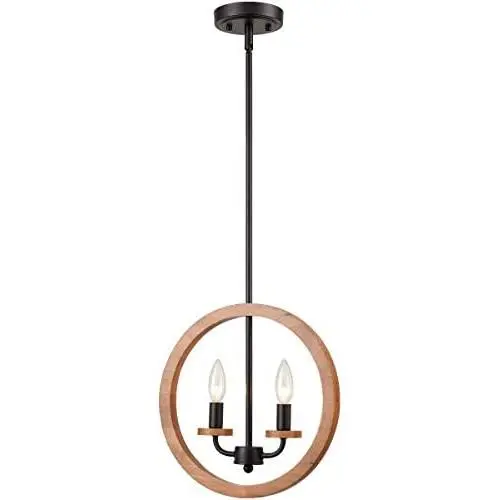 2-Light Farmhouse Chandelier Globe Wood Pendant Light Vintage Walnut Hanging Lights Fixtures