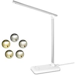 Semdisan LED Table Lamp, Desk Lamps Office, USB Bedside Lights for Reading, 5 Lighting Modes 5 Brightness Levels, Touch Control, Timing Function, Silver White, 8W