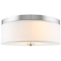 Kira Home Walker 15'' Mid-Century Modern 3-Light Flush Mount Ceiling Light, White Fabric Shade + Round Glass Diffuser, Brushed Nickel Finish