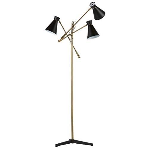 Amazon Brand – Rivet Mid Century Modern Retro 3 Arm Living Room Floor Lamp With Light Bulbs - 69 Inches, Brass with Black Shade