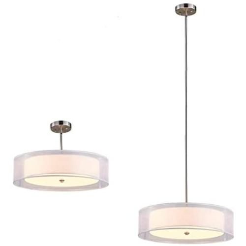 TZOE Drum Light,Double Drum Chandelier,White 3 Light Drum Pendant Light,20'',Adjustable Height,Brushed Nickel Finish ,UL Listed