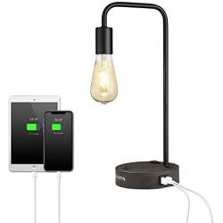 ELYONA Industrial Table Lamp-2 USB Charging Ports & 2 Power Outlets-Edison 4W Bulb, Vintage Bedside Nightstand Desk Lamp-Wood Metal Base, Reading Light for Bedroom, Living Room, Coffee, Dorm- Black