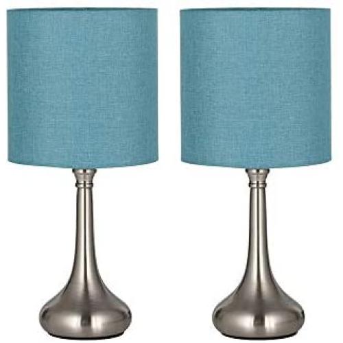 HAITRAL Modern Table Lamps - Bedside Desk Lamps, Unique Nightstand Lamps with Fabric Lamp Shade and Metal Base for Bedroom, Living Room, Office, College Dorm, Den - Light Blue (HT-BTL07-2BU)