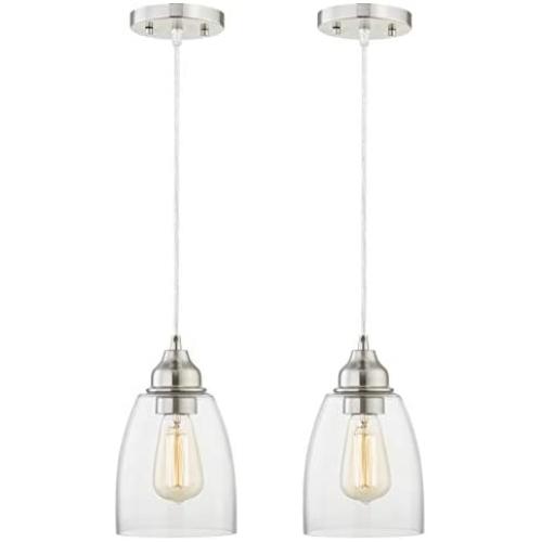 Gruenlich Pendant Lighting Fixture for Kitchen and Dining Room, Hanging Ceiling Lighting Fixture, E26 Medium Base, Metal Construction with Clear Glass, Bulb not Included, 2-Pack (Nickel Finish)
