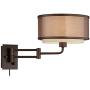 Vista Rustic Farmhouse Swing Arm Wall Lamp Oil Rubbed Bronze Plug-in Light Fixture Brown Organza Oatmeal Linen Double Drum Shade for Bedroom Bedside Living Room Reading - Franklin Iron Works