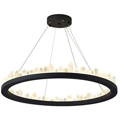 TFCFL Modern LED Crystal Chandelier, 1-Ring Contemporary Pendant Light Warm White Light Adjustable Chain Ceiling Hanging Lights Fixtures for Bedroom Dining Room Living Room (Black)