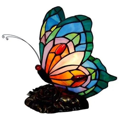 HT Tiffany Style Small Night Light Butterfly Shape Stained Glass Shade(TY290) 1-Light Resin Base Traditional Handmade Table Lamp for Family Living Room Reading Bedroom Bedside Dresser