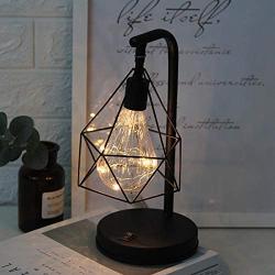 Metal Table Lamp,WONFAST Hollow Diamond Vintage Edison Bulb Copper Wire Reading Lamp Battery Operated Bedside Decorative Night Lights for Bedroom Office Wedding Party Christmas(Warm White)