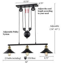 WOXXX Three-Light Pulley Pendant Light, Industrial Farmhouse Chandelier Modern Pendant Lighting Adjustable Rustic Vintage Ceiling Lights Fixture for Kitchen Island Dining Room Foyer Black