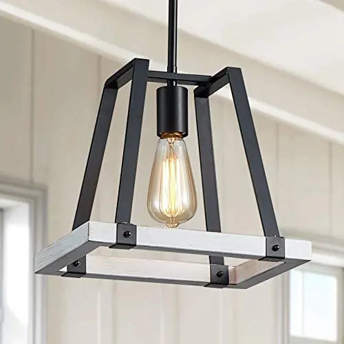 Bestier Painted Distressed White Matte Black Metal Finish Farmhouse Kitchen Island Pendant Chandelier Lighting LED Ceiling Light Fixture Dining Room Livingroom Height 10 inch Length 11.4 inch