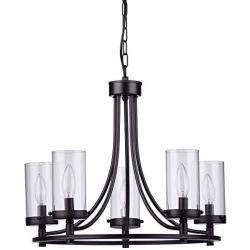 Loclgpm Black Candle Chandelier, Vintage Industrial 5 Lights Pendant Light with Clear Glass Shade, Semi Flush Mount Ceiling Lighting Fixture for Bedroom Dining Room Kitchen Island Living Room Hallway