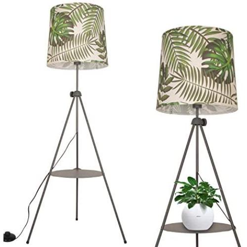 Modern Industrial Leaves Lampshade Tripod Floor Lamp with Shelves- Modern Mid Century Design Standing Light with Metal Legs - Adjustable Height Reading Light for Living Room Bedside Office