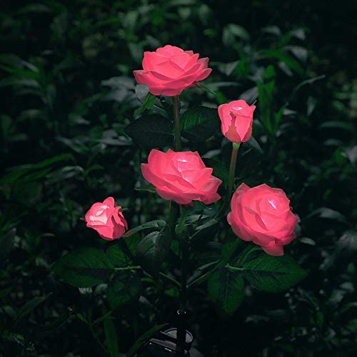 New Material Outdoor Realistic Solar Powered Rose Lights Flower Stake, for Garden Patio Yard Pathway Decoration, Pink