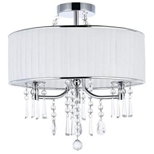 A1A9 Modern 3-Light Drum Pendant Lighting Fixture, 16 White Fabric Shade, Semi Flush Mount Ceiling Lights with Crystal, Chrome Finish Chandelier for Entryway, Hallway, Dining Room and Bedroom