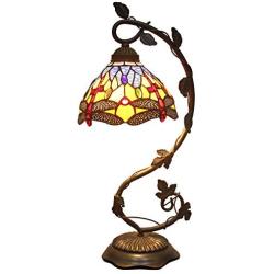 Tiffany Table lamp W8H21Inch Stained Glass Blue Yellow Tiffany Desk Reading Lamps Crystal Bead Dragonfly Style Shade W8H21 Inch for Living Room Bedroom Bookcase Dresser Coffee Table S168 WERFACTORY