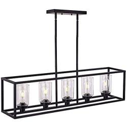 XILICON Black Linear Chandeliers for Dining Rooms,Kitchen Island Farmhouse Lighting Fixture Industrial Rustic Ceiling Hanging 5 Light Modern Pendant Light with Glass Shade