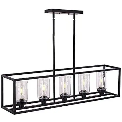 XILICON Black Linear Chandeliers for Dining Rooms,Kitchen Island Farmhouse Lighting Fixture Industrial Rustic Ceiling Hanging 5 Light Modern Pendant Light with Glass Shade