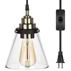 DEWENWILS Pendant Light Plug in, Transparent Glass Ceiling Light for Kitchen Living Room, Bedroom, Dining Hall, Bookroom, Plug Hanging Light with 15FT Adjustable Cord and On/Off Switch