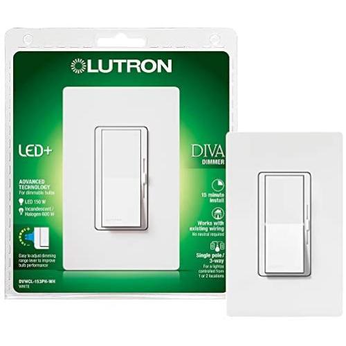 Lutron Diva LED+ Dimmer for Dimmable LED, Halogen and Incandescent Bulbs with Wallplate | Single-Pole or 3-Way | DVWCL-153PH-WH | White