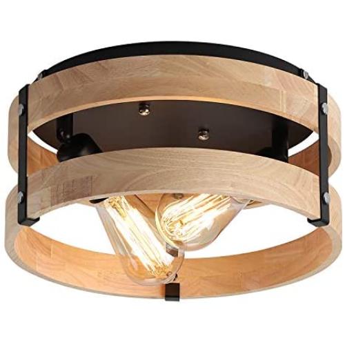 Modern Farmhouse Flush Mount Light Fixture Two-Light Metal and Wood Round Drum Rustic Flush Mount Ceiling Light for Hallway Bedroom Kitchen Entryway, Oak Wood and Black