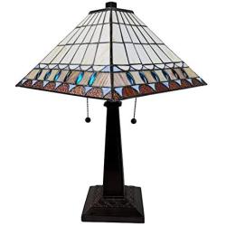 Amora Lighting Tiffany Style Table Lamp Banker Mission 21'' Tall Stained Glass Blue Tan Brown Green Vintage Antique Light Décor Living Room Bedroom Office Handmade Gift AM238TL14B, Multicolored