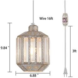 YLONG-ZS Hanging Lamps Crystal White Swag Lamp Rustic Pendant Light Plug in 16.4 FT Cord Hanging Pendant Light Cage in-Line On/Off Dimmer Switch for Kitchen Island, Dining Room, Living Room,Corner