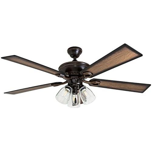 Prominence Home 40278-01 Glenmont Rustic Ceiling Fan with Barnwood Blades, LED Edison Bulbs, 3 Seeded Glass Fixtures, 52 Inches, 5 Blade, Oil-Rubbed Bronze