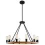 Kira Home Jericho 35'' 12-Light Large Rustic Farmhouse Wagon Wheel Chandelier, Round Kitchen Island Light, Textured Black Accents + Warm Oak Wood Style Finish