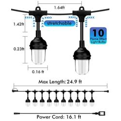 Outdoor String Lights, 41 Ft Weatherproof String Lamps with 10 LED Flame Effect Light Bulbs for Christmas Tree Patio Deck Backyard Garden Bedroom Porch Cafe Wedding Graduation Party