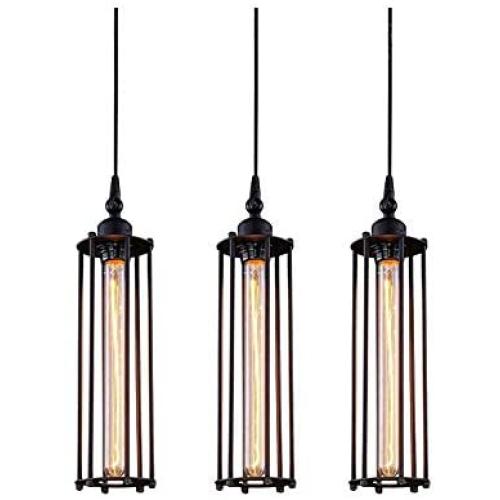 PIHAPPY Industrial Metal Pendant Light Fixture, Rustic Hanging Ceiling Lights, Vintage Cage Lighting for Kitchen Island Dining Room Farmhouse 3 Pack Without BLUBS (Black)