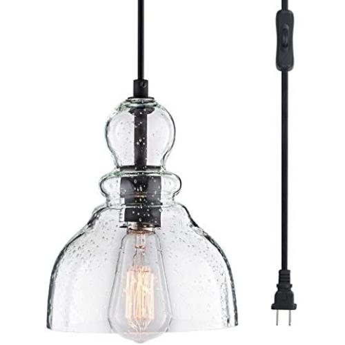 LANROS Swag Lights with 15.7 Ft Plug-in Cord and On/Off Switch, Handblown Clear Seeded Glass Shade Pendant Light for Bedroom Study Kitchen Sink Livingroom, Black, 7inch, 1-Pack