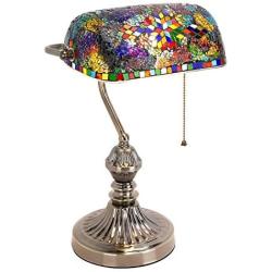 Marrakech Mosaic Lamp Traditional Antique Brass Bankers Table Lamp Vintage Tiffany Style Turkish Mosaic Glass Desk Lamp for Living Room Bedroom (Multi-Colored)