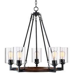 Garamond Bronze Wood Wagon Wheel Chandelier 26 3/4'' Wide Rustic Farmhouse Clear Glass 5-Light Fixture for Dining Room House Foyer Kitchen Island Entryway Bedroom Living Room - Franklin Iron Works