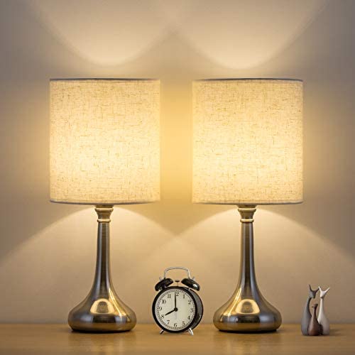 Set of 2 Bedside Lamps, Modern Small Table Lamp with Soft Light, Simple Nightstand Lamp with Metal Base and Linen Shade for Family, Living Room, Bedroom, Office, Dorm, Study, Hotel, Tan